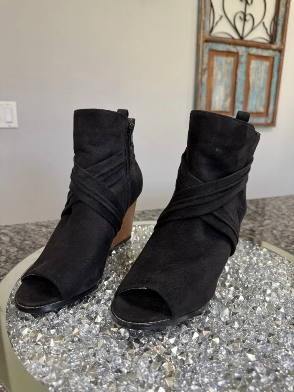 Journee Collection Black faux Suede Peep-Toe Wedge Booties 7.5